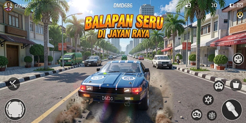 Tangkapan layar DMD686 menampilkan aksi balapan seru di jalan raya.