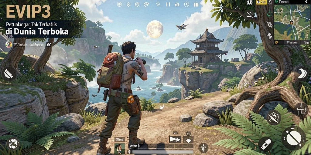 Screenshot gameplay EVIP3 dengan pemandangan yang indah dan karakter menjelajah.
