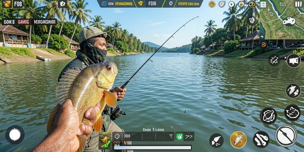 Screenshot utama F08 menunjukkan pemain sedang menangkap ikan besar di laut.