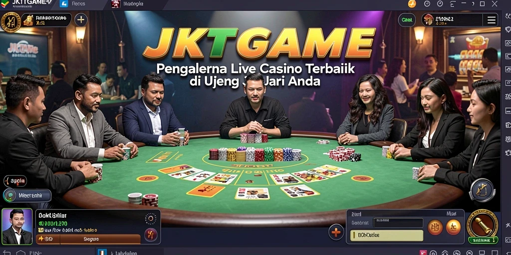 Screenshot gameplay JKTGAME dengan dealer langsung dan suasana kasino.