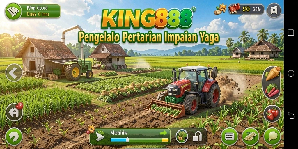 Screenshot KING88 menampilkan kebun yang subur dan hewan ternak yang aktif.