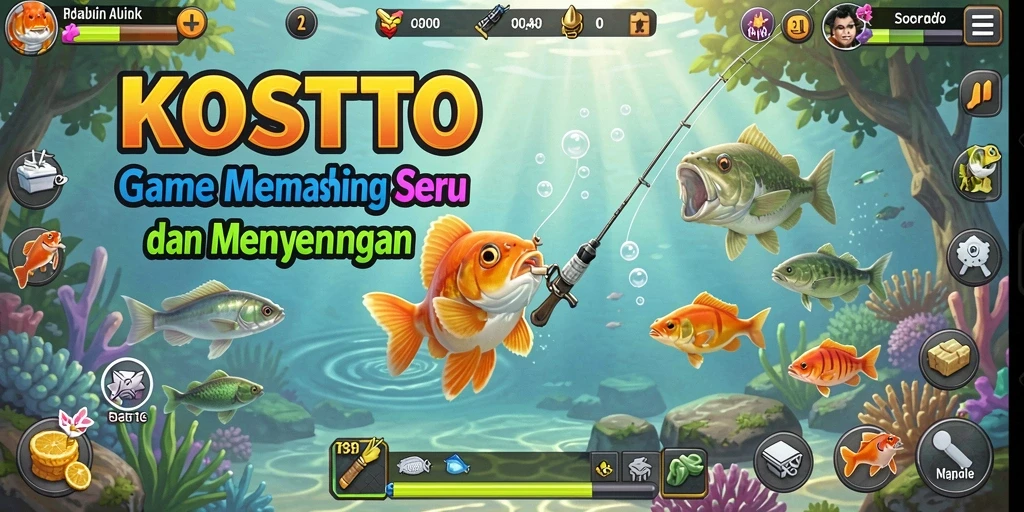 Gameplay KOSTOTO yang menggambarkan pengalaman memancing yang seru.