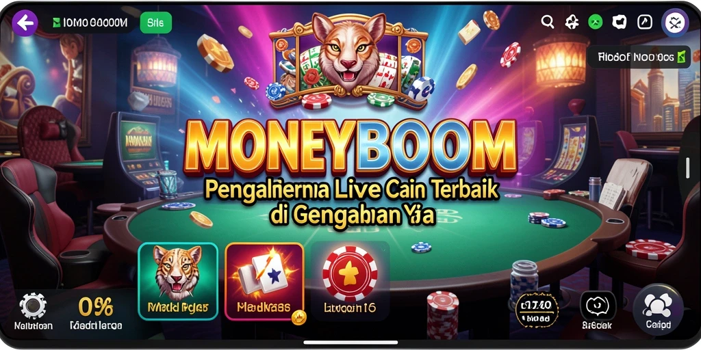 Screenshot gameplay MONEYBOOM yang menampilkan dealer langsung dan suasana kasino.