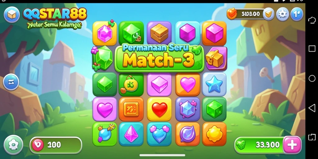 Screenshot permainan QQSTAR88 yang menampilkan gameplay Match-3 yang seru dan penuh warna.