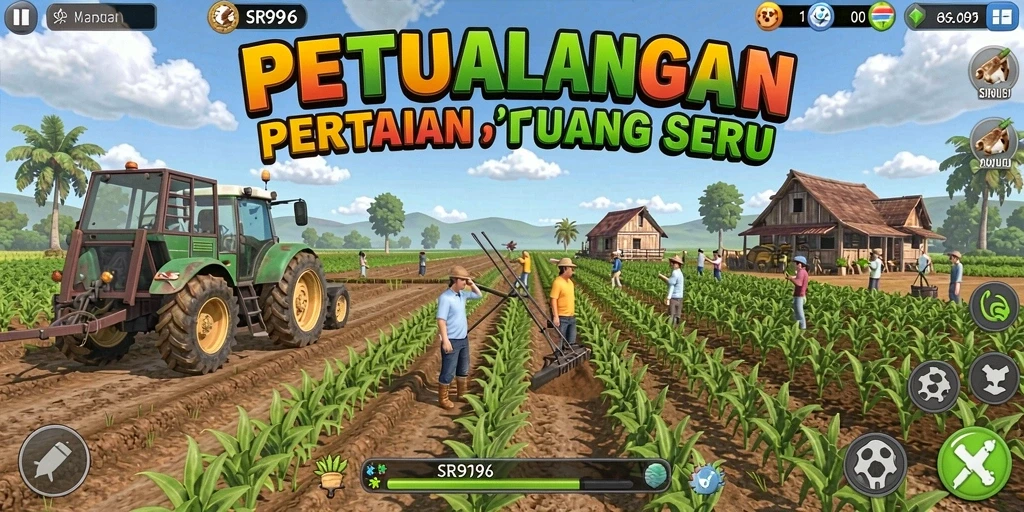 Tangkapan layar gameplay SR996 yang menunjukkan ladang yang hijau dan aktivitas pertanian.