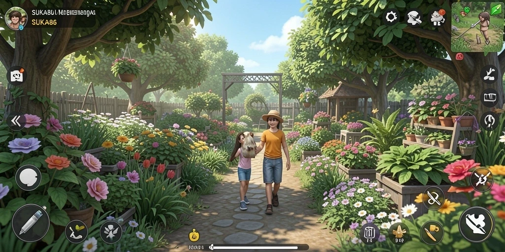 Tangkapan layar gameplay <strong>SUKA86</strong> menampilkan kebun yang subur dan aktivitas pertanian.