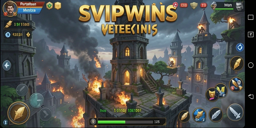 Screenshot gameplay SVIPWINS menampilkan pertahanan menara yang lebih kuat.